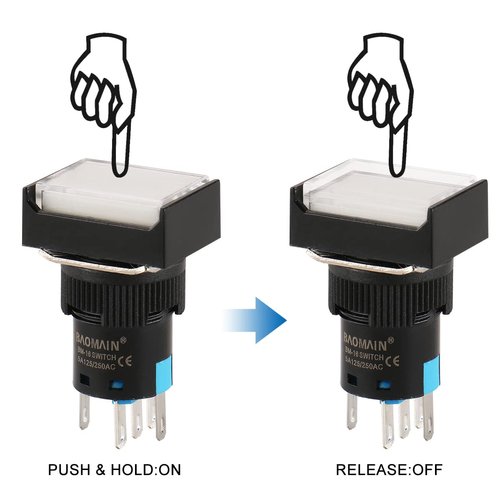 Baomain 5/8" 16mm Push Button Switch Momentary Rectangular Cap LED Lamp White Light DC 12V SPDT 5 Pin Pack of 5