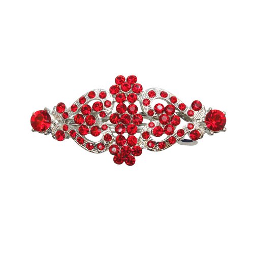 Faship Red Rhinestone Crystal Floral Double Hearts Hair Barrette Clip