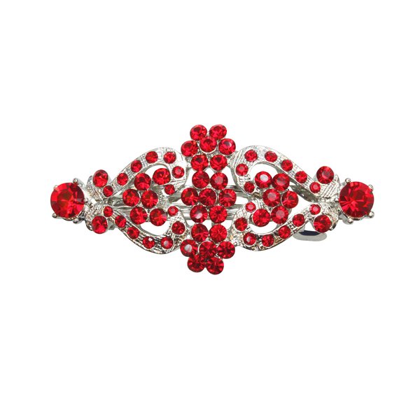 Faship Red Rhinestone Crystal Floral Double Hearts Hair Barrette Clip