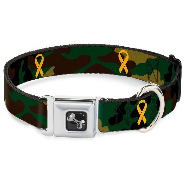 Dog Collar Seatbelt Buckle Support Our Troops Camo Olive Yellow Ribbon 18 to 32 Inches 1.5 Inch Wide