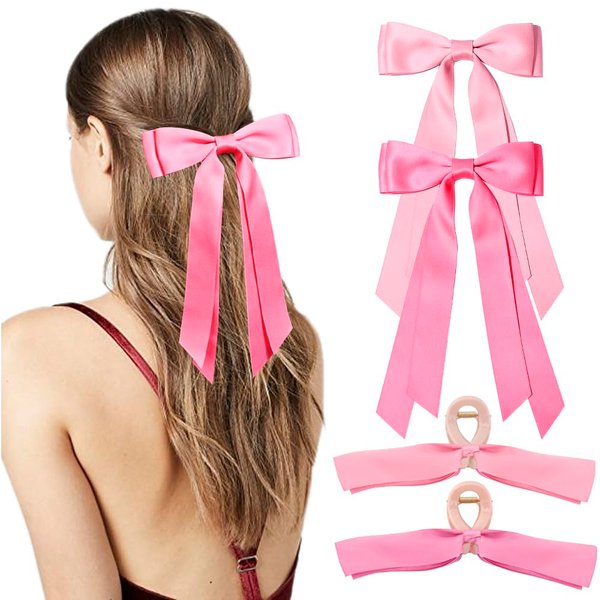 Ahoney 4 Pack Pink Bows for Hair Bows Silky Satin Hair Bow Hair Clips Long Tail French Bow Claw Clips Hair Ribbon Coquette Bows Hair Barrettes for Women Girls