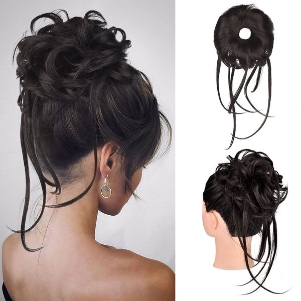 HOOJIH Messy Bun Hair Piece, Super Long Tousled Updo Hair Bun Extensions Wavy Hair Wrap Ponytail Hairpieces Hair Scrunchies with Elastic Hair Band for Women Girls - Black Brown