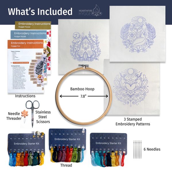 Hearthfire Hygge 3-Pack Beginner Embroidery Kit for Adults | Scandinavian Folk Art Hand Embroidery Kit for Beginners Adults | Fox, House, Flower Embroidery Kit Beginner