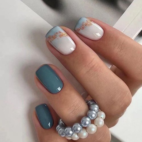 Green Marble Press on Nails Short Square Fake Nails White Glossy Glue on Nails Glitter Nails with Design Acrylic Nails Full Cover Glossy Stick on Nails Artificial Nails for Women Girls