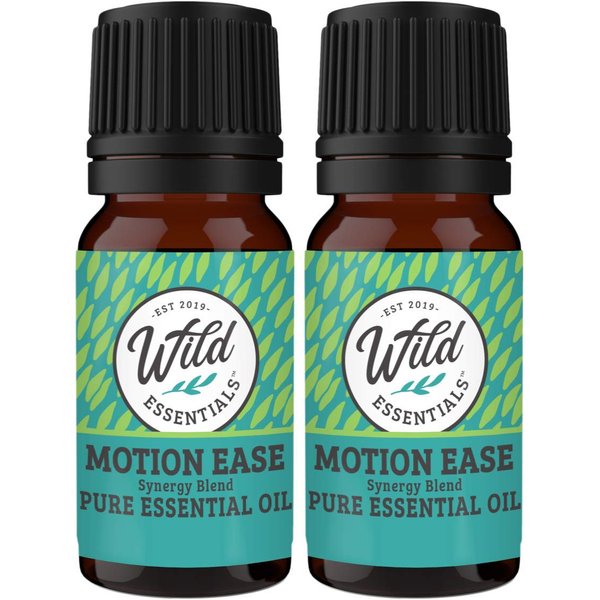 Wild Essentials "Motion Ease" 100% Pure Essential Oil Synergy Blend 2 Pack - 10ml, Formula for motion sickness, nausea, upset stomach, vertigo, dizzy, seasick, carsick. Made and Bottled in The USA