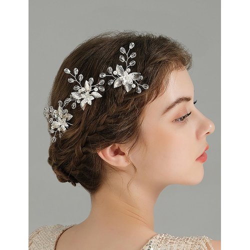 Teyglen Flower Bridal Wedding Hair Pins Silver Leaf Bridal Hair Piece Crystal Bridal Hair Pins Handmade Rhinestone Pearl Hair Clips Pins Hair Accessories for Women Bride Girl
