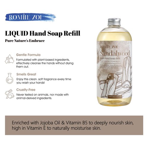 ROMIIE ZOI Liquid Hand Soap Refill, Sandalwood, Gentle & Moisturizing Formula, 750 ML/ 26 FL OZ