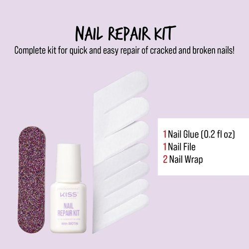 Kiss New York Nail Repair Kit for Damage Nails, Broken Cracked and Weak Nails, Biotin Infused Nail Glue, Nail File, and 2 Nail Wraps, Made in Korea