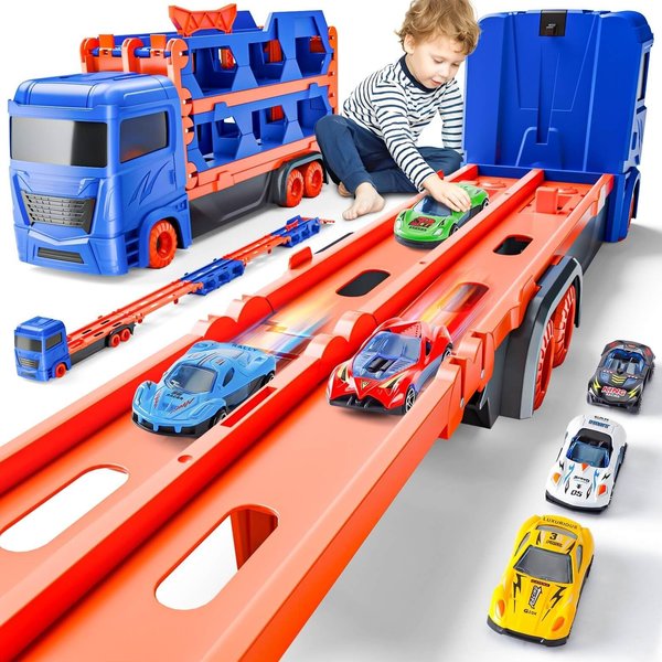 Kiddiworld Race Track Truck Toys for 2-4 Year Old Boys Birthday Gifts: 65 Inch Folded Transport Carrier Trucks for Kids Age 3-5, Racing Cars Christmas Toy Gifts for Toddlers