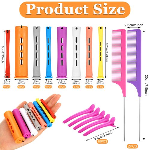 60 Pcs Hair Perm Rods, 8 Sizes Perming Rods Cold Wave Rods for Hair Rollers Hair Curlers with Rat Tail Combs Hair Clips Perm Kit for Long Short Natural Hair Hairdressing Hair Styling Tools