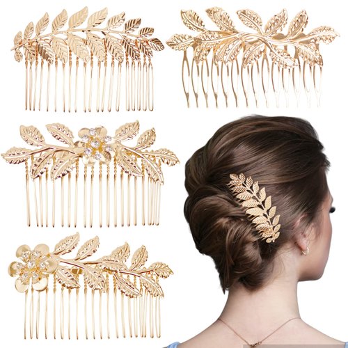 4 PCS Leaf Hair Side Combs Gold Rhinestone Hair Comb Clips with Teeth Vintage Wedding Headpiece Decorative Hair Accessories for Women, Girls, Bride, Bridesmaid (4 Different Size）