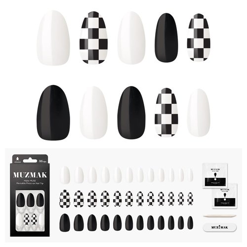MUZMAK Reusable NJeans Press on Nails | 36 Fake Nails Kit with Checkered Nails Almond Designs | Glue On Nails for Women Gift with K-POP Style