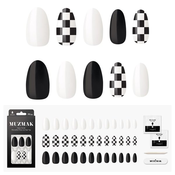 MUZMAK Reusable NJeans Press on Nails | 36 Fake Nails Kit with Checkered Nails Almond Designs | Glue On Nails for Women Gift with K-POP Style