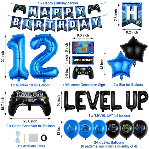 12th Video Game Birthday Party Decoration Balloons Game on Party Supplies Set Include Happy Birthday Banner Foil Balloon Latex Balloon Ideal for Kids Boys Party Room Indoors Outdoor Activities Decor