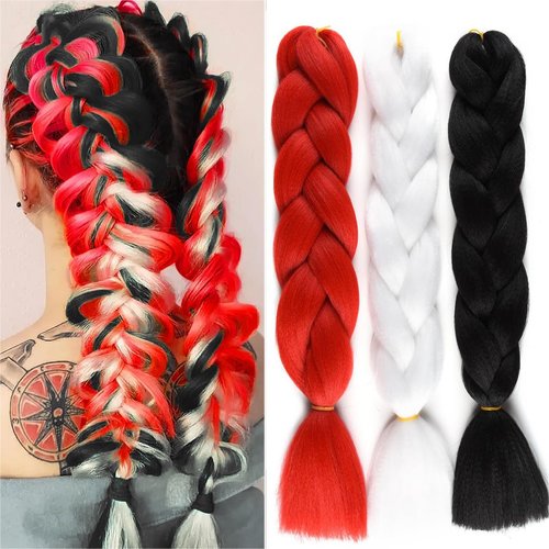 Colored Jumbo Braiding Hair Extension for Women, 24“ Red White Black Halloween Braiding Hair Synthetic Fiber for Twist Braiding Hair, High Temperature Fiber Bubble Braids Hair Extensions 3 Bundles
