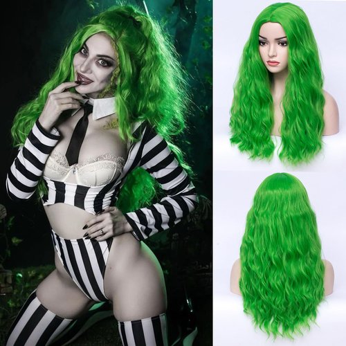 BERON Green Long Wigs for Women Girls Curly Wavy Wigs Light Colored Middle Part Heat Resistant Synthetic Wigs for Cosplay or Daily Used