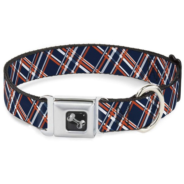 Dog Collar Seatbelt Buckle Plaid X3 Navy Orange White 16 to 23 Inches 1.5 Inch Wide