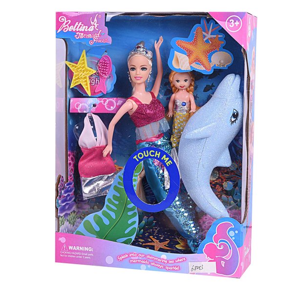 Mermaid Princess Doll Playset, Color Changing Mermaid, Dress Up Doll 12" and Dress Doll 3" and Dolphin, Color Change by by Reversing the Sequins Mermaid Toys for Little Girls and Play Gift Set Aged 3+