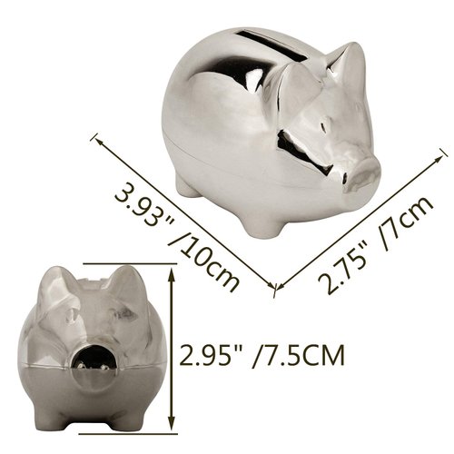 K COOL Vintage Piggy Bank Creative Metal Alloy Cartoon Money Bank Cute Coin Bank Pig Penny Coin Saving Pot Box with Stopper for Boy Kid(Shiny Silver)