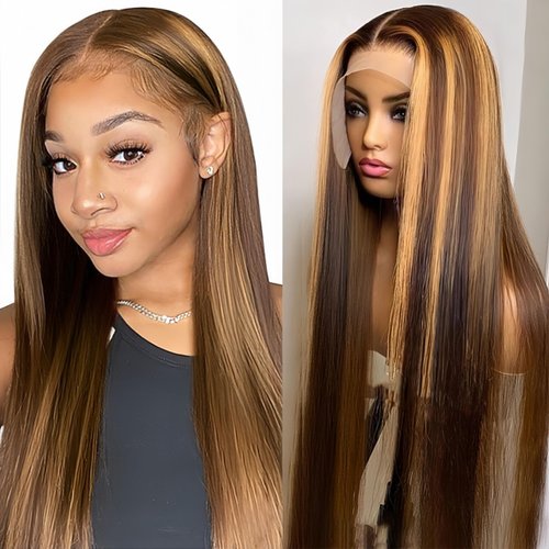 Durreley 22 Inch Ombre Lace Front Wigs Human Hair Pre Plucked,180% Density Glueless 4/27 Colored Honey Blonde Wig Human Hair,Highlight 13x6 HD Lace Front Wigs Human Hair for Black Women