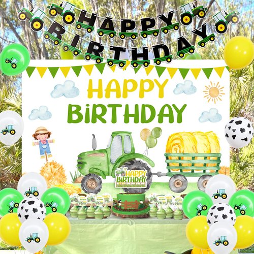 Sursurprise Tractor Birthday Decorations for Boy, Tractor Birthday Backdrop Banner Cake Topper Balloon for Farm Tractor Birthday Party Supplies