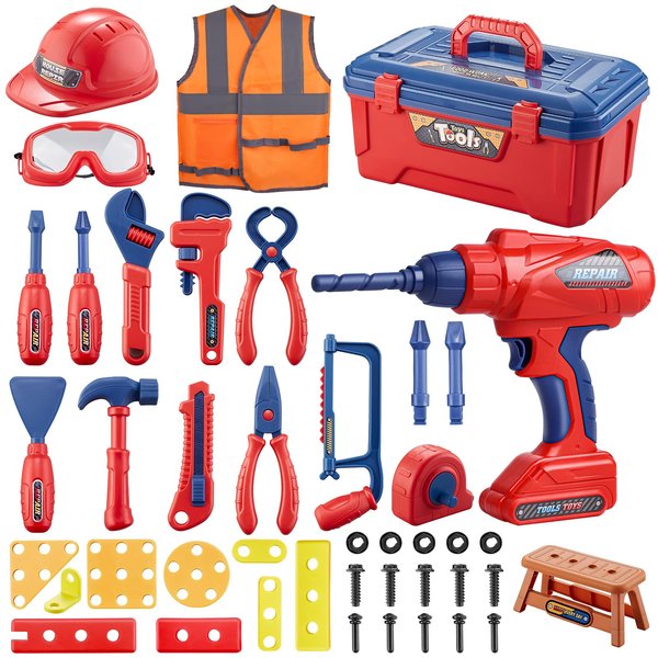 Kids Tool Set, MAGIC4U 49PCS Toddler Tool Set with Electronic Toy Drill,Tape Measure 12 Tool Equipment,Pretend Play Construction Costume with Safety Vest Hat,Toy Tool Box for Kids Boy Girl Age 3-8