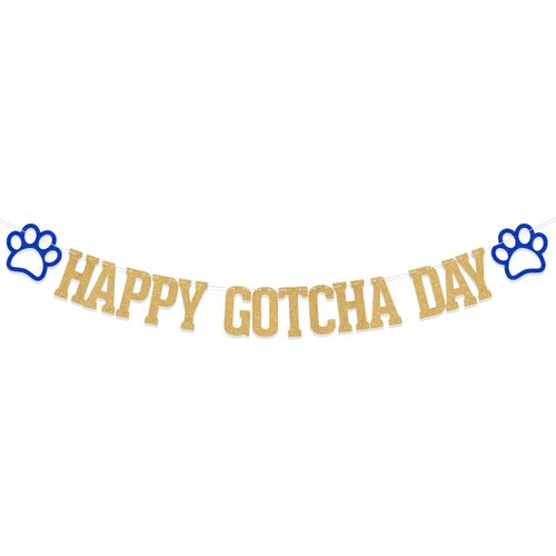 Happy Gotcha Day Banner, Pet Adoption Party Decorations, Let's Pawty Together Birthday Party Decor, Dog Cat Gotcha Party Supplies Gold Blue Glitter
