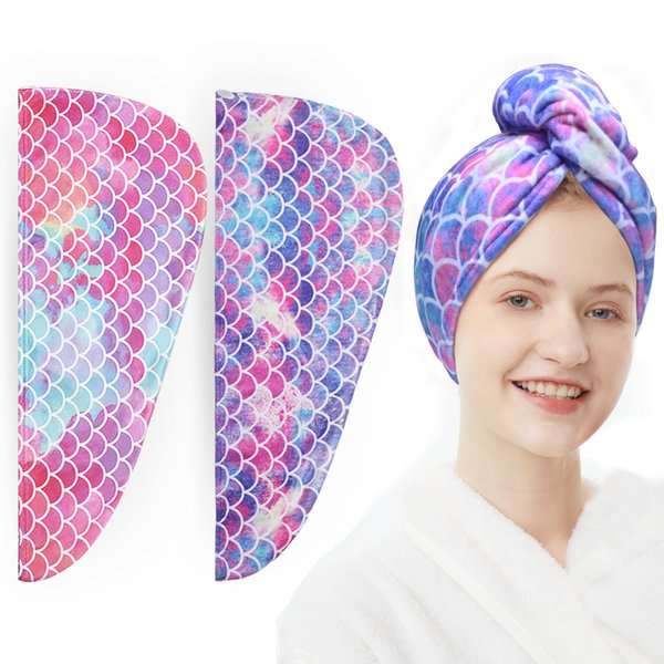 ELLEWIN Microfiber Hair Towel Wrap for Kids Girls 2 Pack Hair Turban Drying for Women Set Absorbent Quick Dry Twisty Anti Frizz Towel for Curly Long Thick Hair (Mermaid)