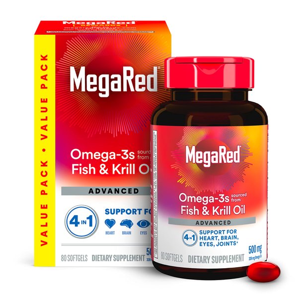 Megared Omega 3 Fish Oil & Antarctic Krill Oil Softgels for Brain, Heart, Joints & Eye Support, (80 Count Bottle), Concentrated Omega 3 Fatty Acid Supplement with EPA, DHA, Phospholipids