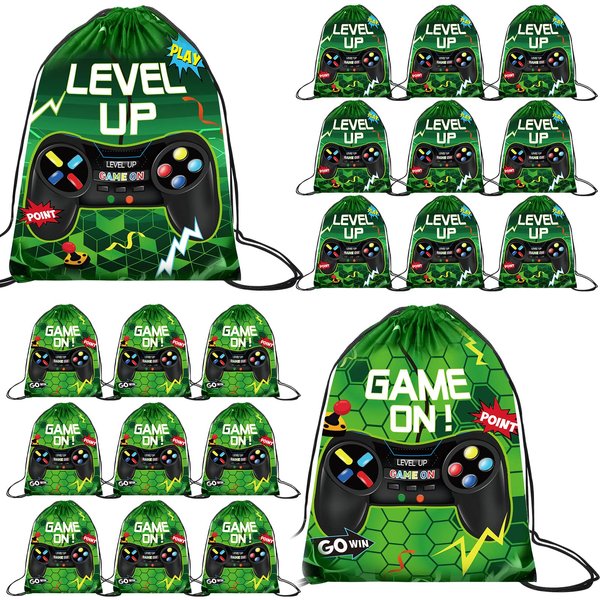 Eccliy 20 Pcs Video Game Party Drawstring Bags 12 x 10 Inch Gaming Party Gift Bag Birthday Party Supplies for Boys Adult(Green,Fresh Style)