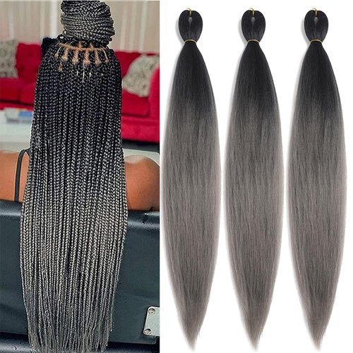 Pre Stretched Braiding Hair 26 Inch Ombre Red Kanekalon Braiding Hair Extensions Hot Water Setting Crochet Box Braids Hair (26 Inch (Pack of 3), Black-Dark Grey)