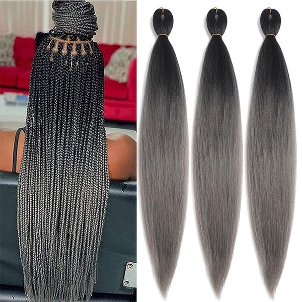 Pre Stretched Braiding Hair 26 Inch Ombre Red Kanekalon Braiding Hair Extensions Hot Water Setting Crochet Box Braids Hair (26 Inch (Pack of 3), Black-Dark Grey)