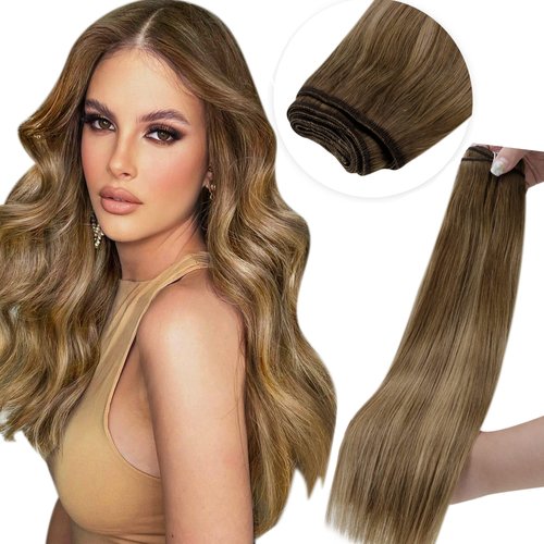 LaaVoo Weft Hair Extensions Balayage Light Brown to Golden Brown Sew in Hair Extensions Real Human Hair Ombre Hand Tied Weft Hair Extensions Straight Human Hair 14inch 80g
