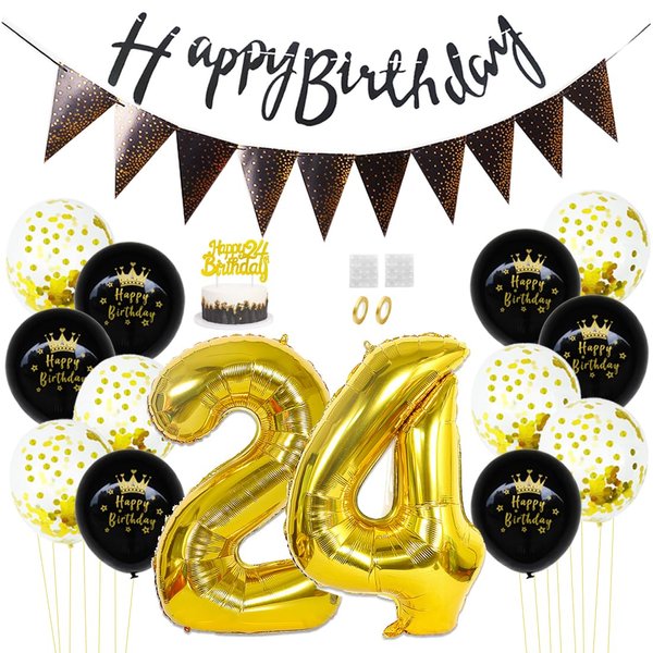 Daimay 24th Birthday Party Decorations Gold Black Happy Birthday Latex Confetti Balloons Triangle Flag Banner Number 24 Foil Balloon Cake Topper for Men Women Anniversary Birthday Party Supplies