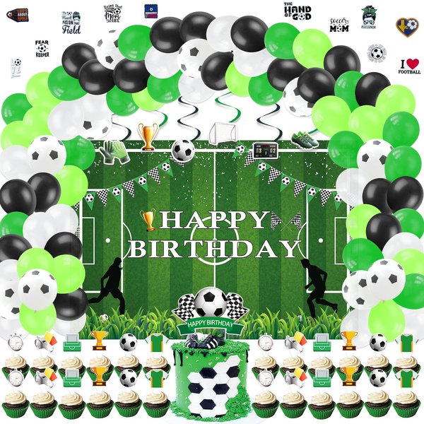 LXlucktim Soccer Birthday Party Decorations, 178 Pcs Soccer Ball Theme Party Supplies for Boys Baby - Banner, Cake, and Cupcake Toppers, Balloons. Hanging Swirl, Backdrop, Soccer Stickers