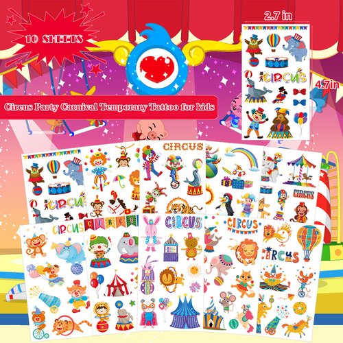UVUXO Carnival Temporary Tattoo for kids - 10 Sheets Circus Party Carnival Temporary for Girls Boy Body Arm Shoulder Cute Tattoos Stickers, Birthday Party Supplies Gifts for Kids