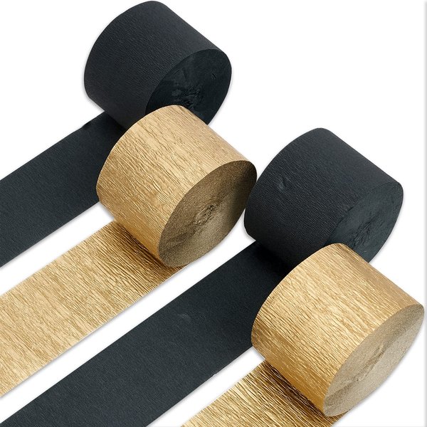 PartyWoo Crepe Paper Streamers 4 Rolls 328ft, Pack of Black and Gold Crepe Paper for Party Decorations, Wedding Decorations, Birthday Decorations, New Years Eve Decorations (1.8 Inch x 82 Ft/Roll)