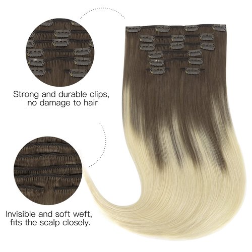 HOTBANANA Human Hair Clip in Hair Extensions, Ombre Sandy Brown to Platinum Blonde 120g Clip in Hair Extensions Real Human Hair Straight Remy Hair Clip in Hair Extensions 22 Inch 7pcs