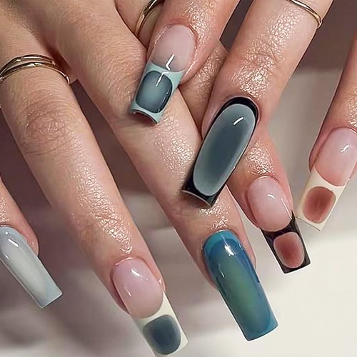 IMRAIN Long Press on Nails Square Fake Nails Green Ombre French Tips False Nails with Designs Glossy Glue on Nails Full Cover Stick on Acrylic Nails Squoval Gel Artificial Nails Press ons 24Pcs