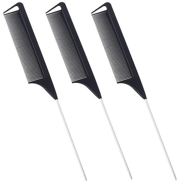 Luxxii (3 Pack) 9.5" Rat Tail Stainless Steel Pin Tail Comb Fine-tooth Hair Comb - Heat and Chemical Resistant For All Hair Types