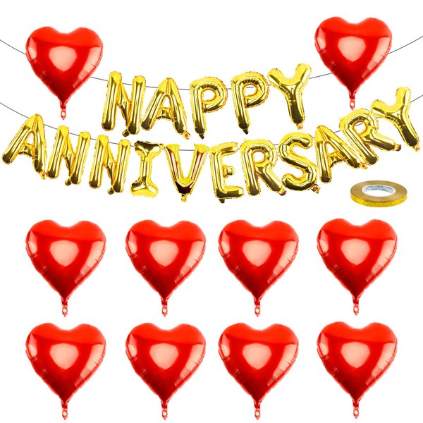 Happy Anniversary Balloons Decorations - 16 Inch Gold Anniversary Letters Banner with 18 Inch Heart Balloons, Happy Anniversary Backdrop for Room Wedding Party Celebrations Valentines Day Decor