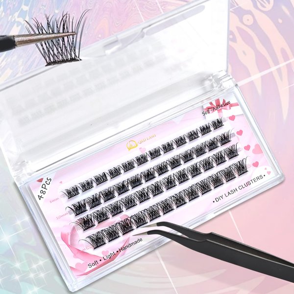 Q&D LASH Cluster Lashes Kit, Self Adhesive Eyelashes D curl 8-14mm Mixed Length No Glue Easy to Apply,including 48 Clusters,1 Applicator DIY Individual Lashes At Home (0.07-D-8-14mm, A3)