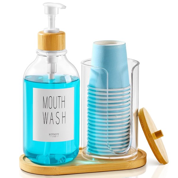 VITVITI Mouthwash Dispenser for Bathroom, Mouth Wash Pump Bottle with Paper Cup Holder, 17Oz Refillable Clear Mouthwash Container with Bamboo Lid/Tray/Label