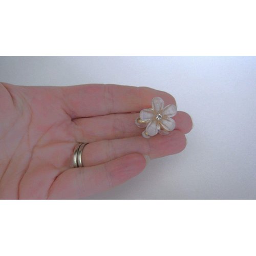 Small mini gold metal and acrylic white flower crystal hair claw clip