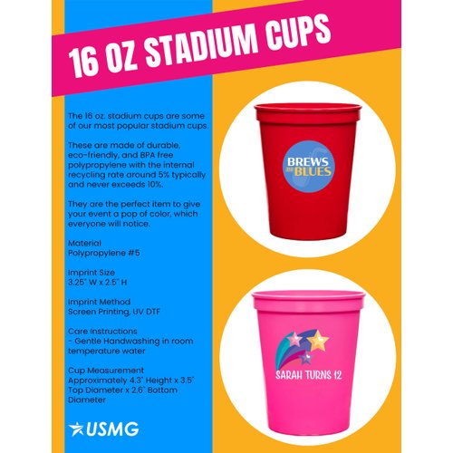 USMG 12 Pcs Multi Color Print 16oz Stadium Cups, Reusable Party Cups for Birthday, Wedding, Events, Brand Promotion or Bbq Picnics (Light Blue)
