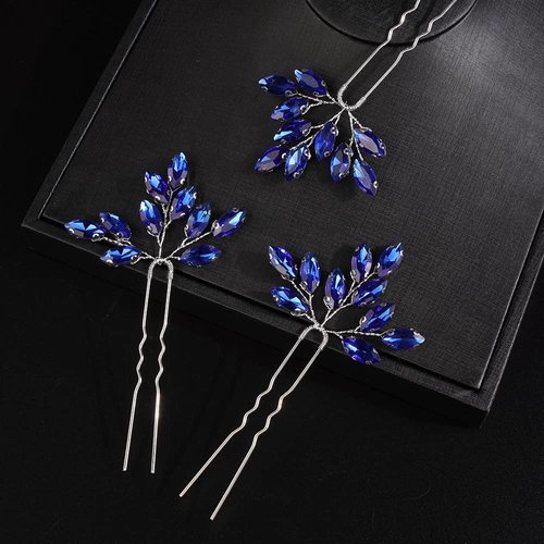 JWICOS Bridal Wedding Crystal Hair Pins Bride Hair Pieces Wedding Hair Accessories for Women and Girls Pack of 3 (Blue silver)