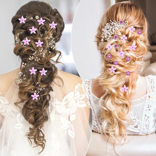 Tyqour 20Pcs Mini Flower Hair Clips Pink Hair Clips Cute Rhinestone Flower Hair Pins Small Decorative Hair Clips Wedding Hair Barrettes Flower Hair Accessories for Girls Women