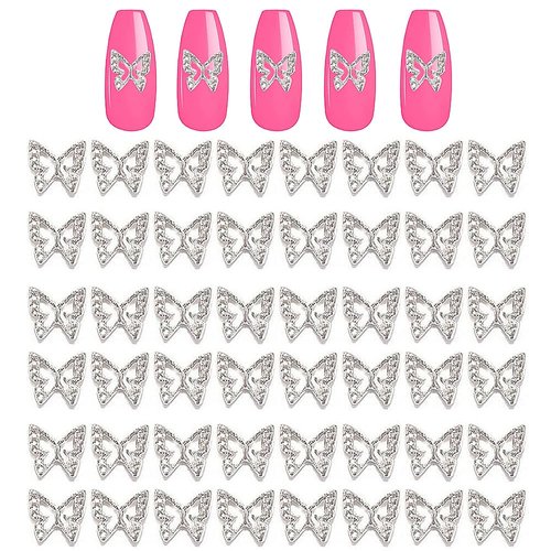 KACHIMOO Silver Butterfly Nail Charms,50 Pieces Nail Charms for Acrylic Nails DIY Craft Nail Art Accessories (Silver)
