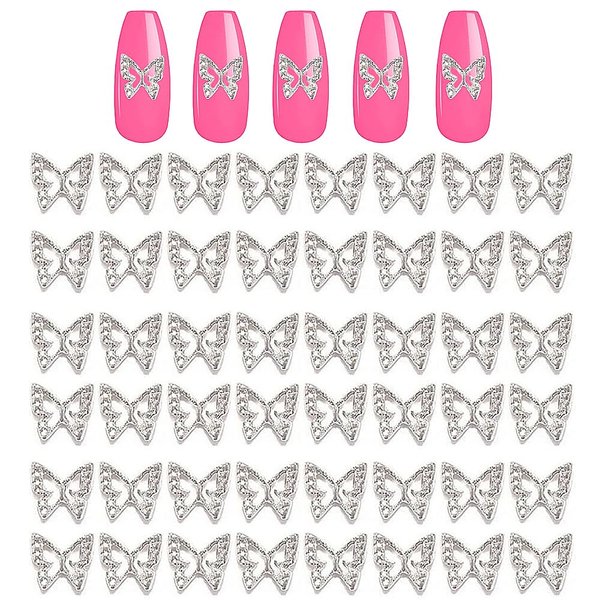 KACHIMOO Silver Butterfly Nail Charms,50 Pieces Nail Charms for Acrylic Nails DIY Craft Nail Art Accessories (Silver)