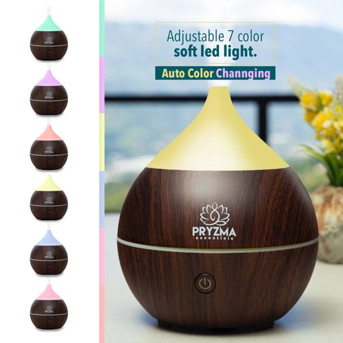 Pryzma Essentials All in One Bluetooth Speaker Aromatherapy Smart Essential Oil Diffuser, 7 LED Therapy Night Light, 200ml Cool Mist Ultrasonic Humidifier, Wood Grain and Waterless Auto Shut-off